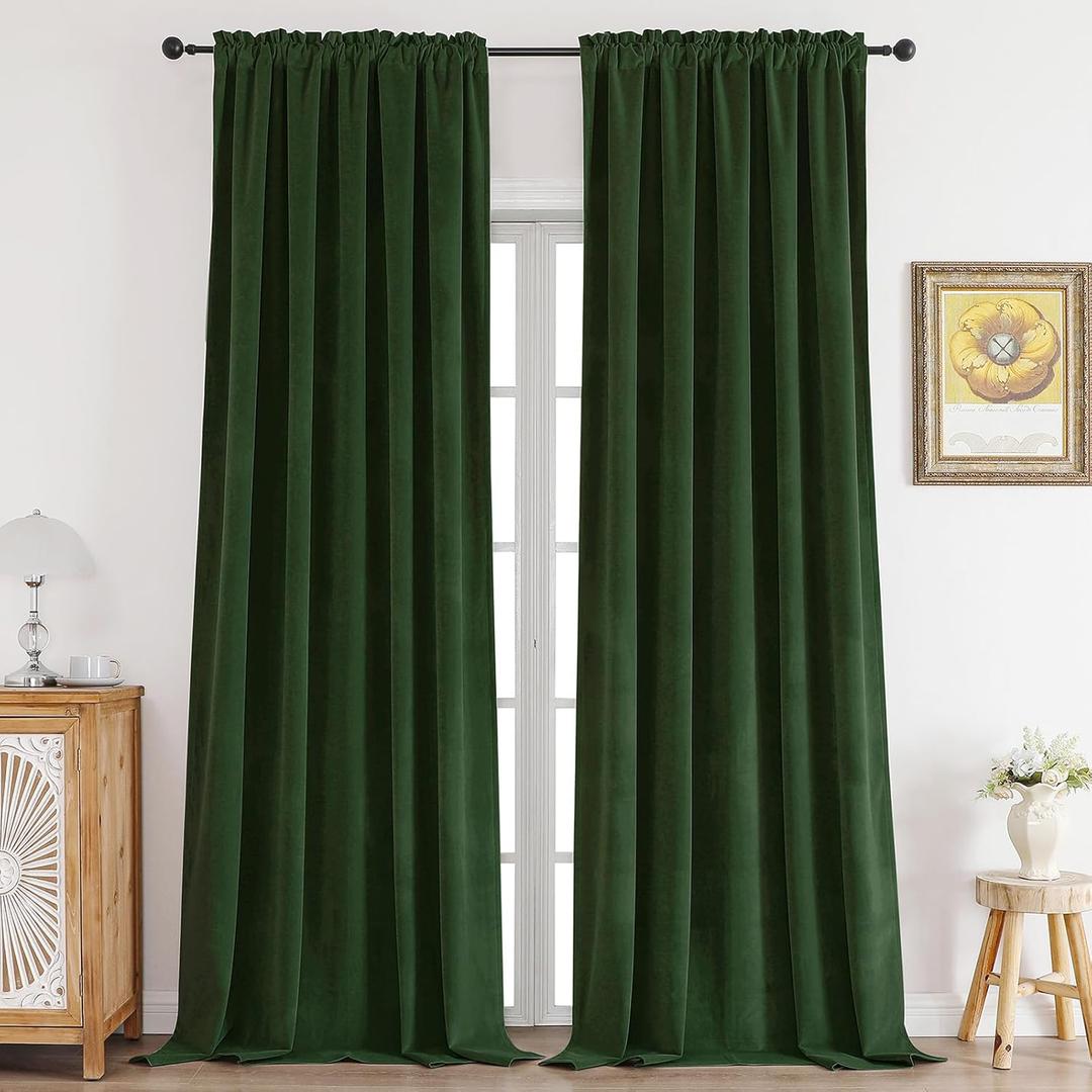 CUCRAF Dark Olive Green Velvet 100% Blackout Curtains 63 inches Long, Thermal Insulated, Noise Reducing Rod Pocket Luxury Drapes for Bedroom Living Room(52x63 inches, 2 Panels)