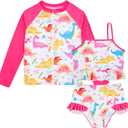 Funnycokid Girls Swimsuit Kids Bathing Suit Rashguard Swimwear Long Sleeve 3 Piece Toddler, 4Y (3-4T)