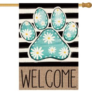 AVOIN colorlife Blue Paw Print Spring House Flag 28x40 Inch Double Sided Outside, Daisy Floral Welcome Stripes Yard Outdoor Flag