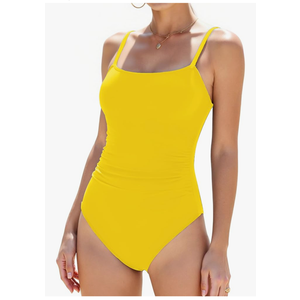 Women's One Piece Swimsuits Ruched Slimming Bathing Suits Square Neck Adjustable Spaghetti Straps Swimwear, M, Yellow