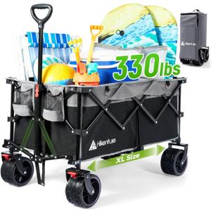 Hikenture Collapsible Wagon Cart, 330lbs Capacity Beach Wagons with Big Wheels for Sand, Heavy Duty Foldable Cart with Brakes, Portable Utility Folding Garden Cart for Outdoor (Black&grey)