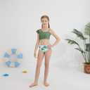 Girls Swimsuits Hawaiian Teen Bathing Suits 3 Piece Tropical Floral Ruffle Strap Bikini Set with Cover Up Skirt 9-16T (Green)