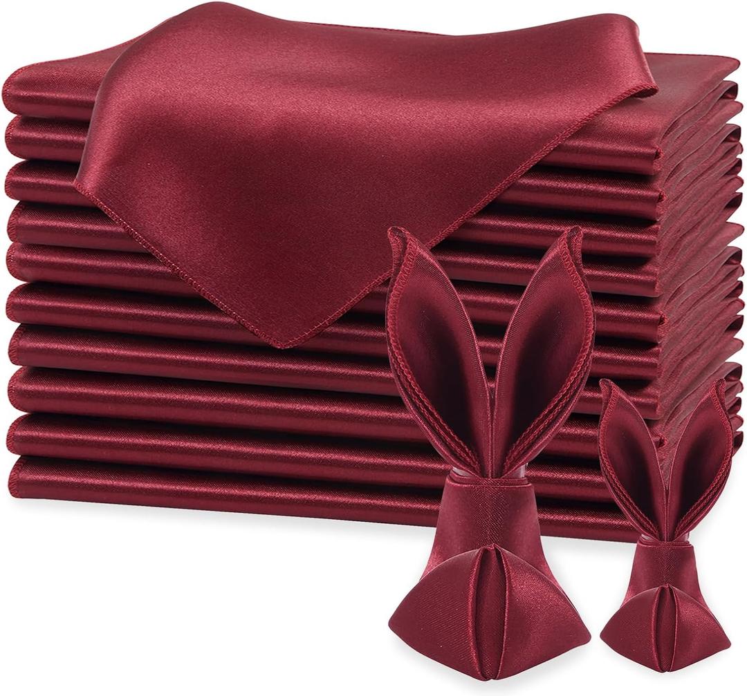 KKJIAF Burgundy Silky Satin Napkins (12 Pack, 17x17 Inches),Washable Polyester Square Table Napkins for Wedding Dinner Party Decoration