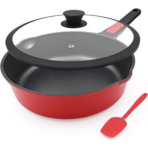 10 Inch Deep Frying Pan with Lid, Non Stick Frying Pans Saute Pan, Nonstick Skillet Cooking Pan Kitchen Pans, Compatible with All Stoves, Detachable Handle, Oven Safe, PFOA Free, Red (4 Qt)