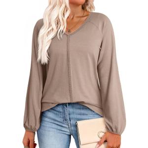 Dokotoo Womens Tops Fashion V Neck Long Sleeve Tops for Women Fall Outfits for Women 2025 Casual Loose Blouses (Brown, XL)