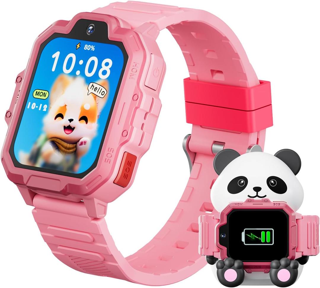 4G Kids Smart Watch, T17 Smartwatch Gifts with Panda Holder, GPS Tracker, Video Calling, SOS, Voice Chat, SMS, School Mode, Puzzle Games, HD Touch Screen for Boys & Girls 3-12Pink