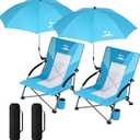 2PCS Folding Beach Chair with Umbrella, Low Profile Portable Sand Chair for Adults, Breathable Mesh Beach Seat with Cup Holder, Heavy Duty Lightweight Camping Chair, Ocean Blue with Light Blue