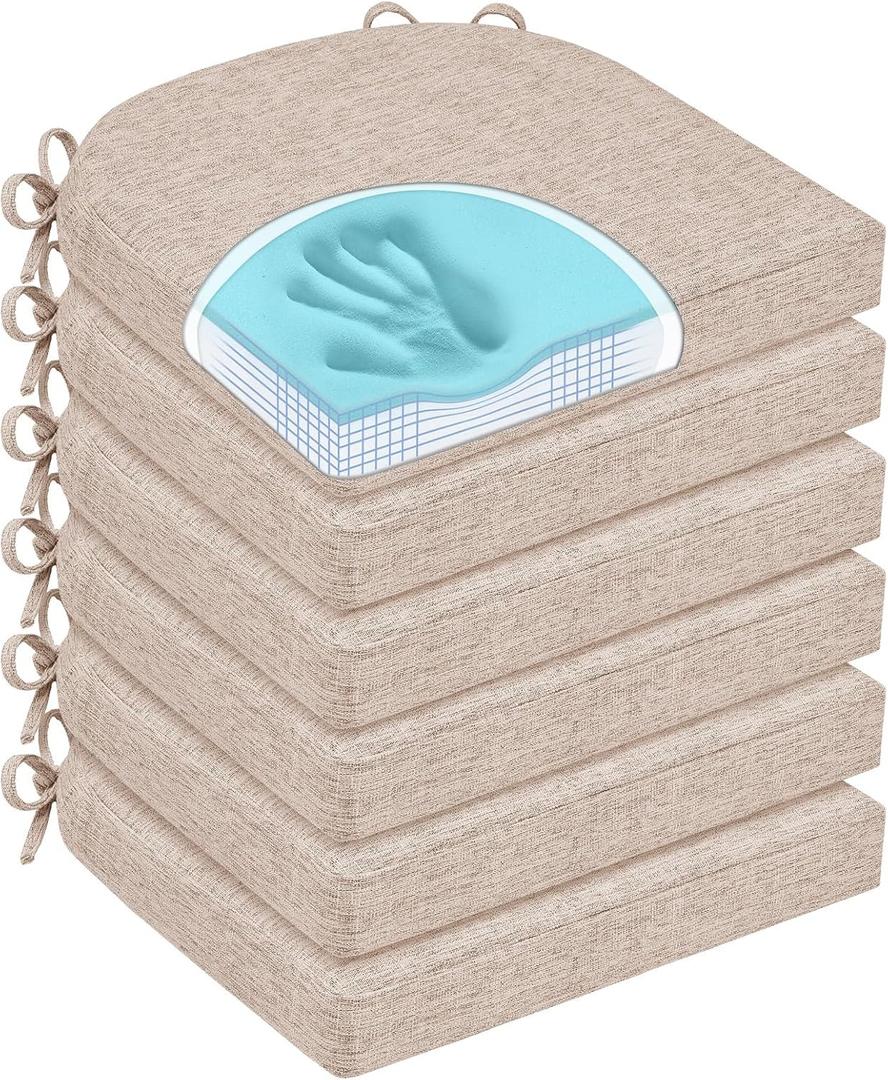 Chair Cushions for Dining Chairs, Non Slip Chair Pads with Ties and Washable Covers, Memory Foam Kitchen Chair Cushions Set of 6, 16"X16"X2.5", Oatmeal Beige