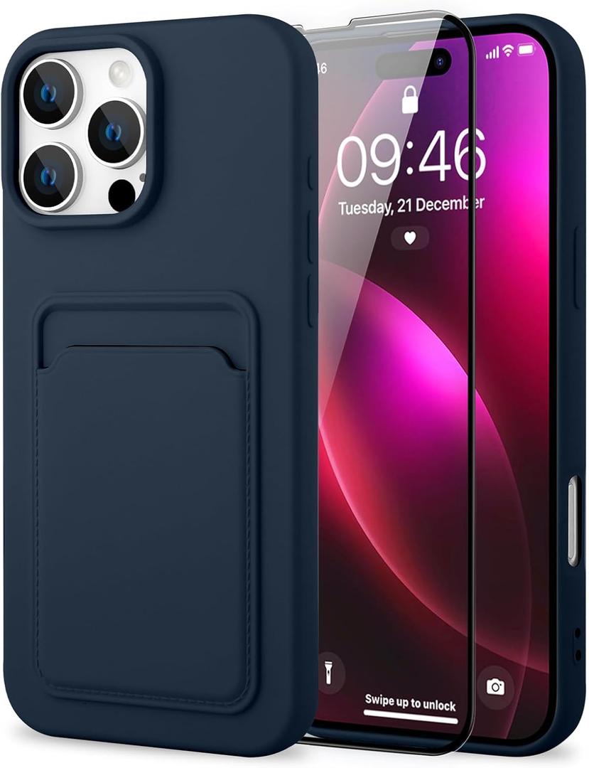 MZELQ Compatible with iPhone 16 Pro Case TPU Card Holder Wallet Cover,Camera Protection + Screen Protector Soft Card Slot Phone Case -Blue MZELQ Compatible with iPhone 16 Pro Case TPU Card Holder Wallet Cover,Camera Protection + Screen Protector Soft Card Slot Phone Case -Blue