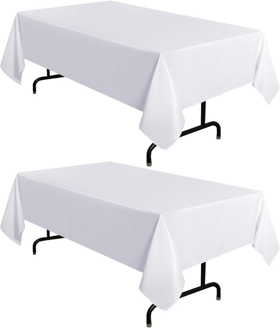 sancua 2 Pack White Tablecloth 60 x 120 Inch, Rectangle 8 Feet Table Cloth - Stain and Wrinkle Resistant Washable Polyester Table Cover for Dining Table, Buffet Parties and Camping