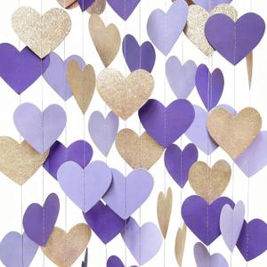 Champagne Gold Purple Heart Party Decorations Glitter Paper Love Heart Hanging Garland Banner Streamer for Valentines Day Birthday Baby Shower Wedding Anniversary Lilac Violet Lavender Themed Party