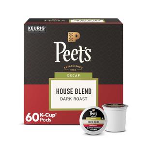 Peet's Coffee, Dark Roast Decaf Keurig K-Cup Pods, Decaffeinated Arabica Coffee - Decaf House Blend 60 Count (6 Boxes of 10 K-Cup Pods) (EXP 05/13/27)