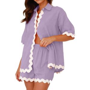 WOWULOVELY Women's 2024 Summer 2 Piece Vacation Outfits Casual Short Sleeve Shirt High Waist Shorts Set Tracksuit (Large, Purple)