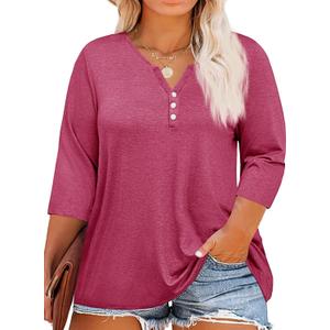 Beautife Womens Plus Size T-Shirts V Neck 3/4 Sleeve Tops Fall Henley Shirts Casual Basic Loose Fit Blouses (Rose Red)