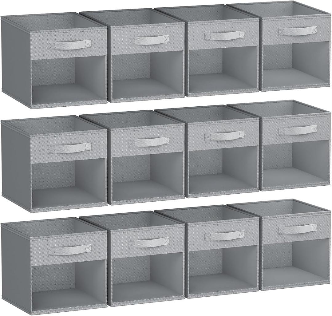 DIMJ Storage Cubes, 12 Pack Cube Storage Bin, Foldable Cube Organizer Storage Bins with Window, Closet Storage Bins with Handle, 11 x 11 inch for Clothes, Toys, Books (Grey)