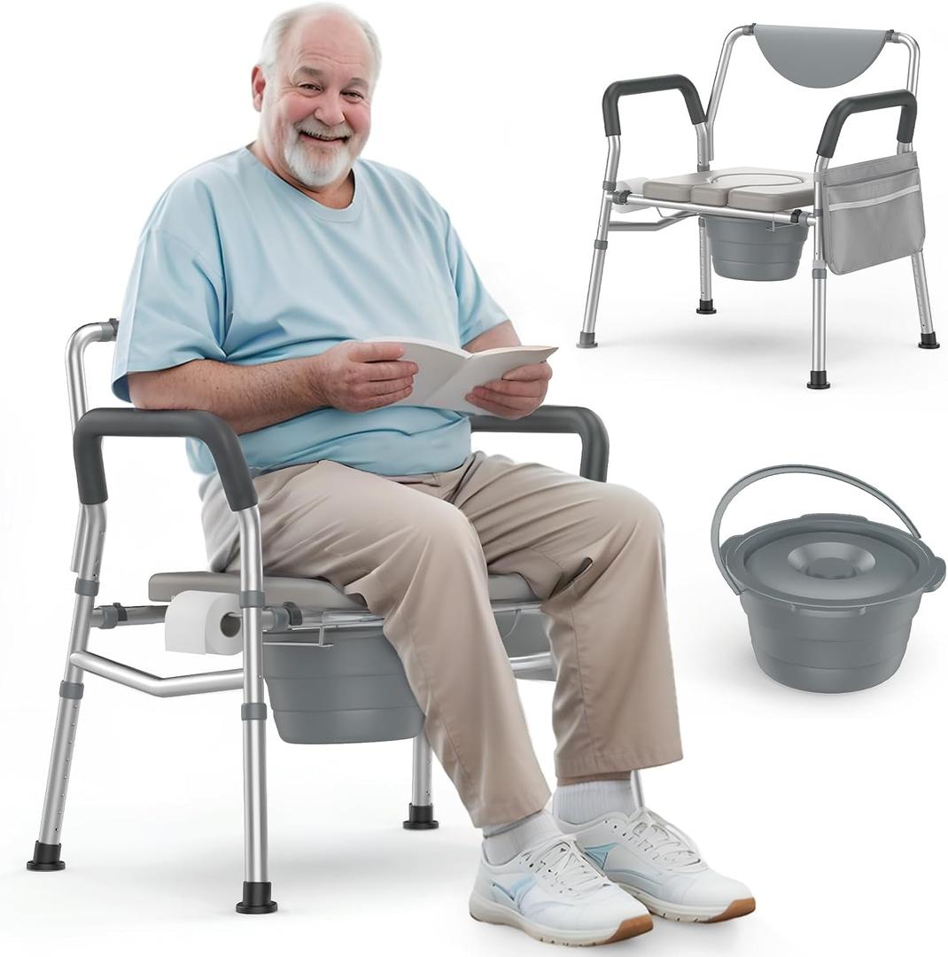 Hybodies 350 Lbs Heavy Duty Bariatric Commode Chair, 30.1" Extra Wide Arms | Aluminium 4-in-1 portable bedside commode, shower & toilet chair, 8-height adjustable & pu cushion for seniors & adults