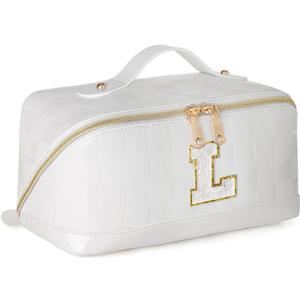 Initial Makeup Bag Large Capacity Travel Cosmetic Bag for Women PU Leather Open Flat Toiletry Bag with Handle and Divider Personalized Gifts for Women (Cream White L)