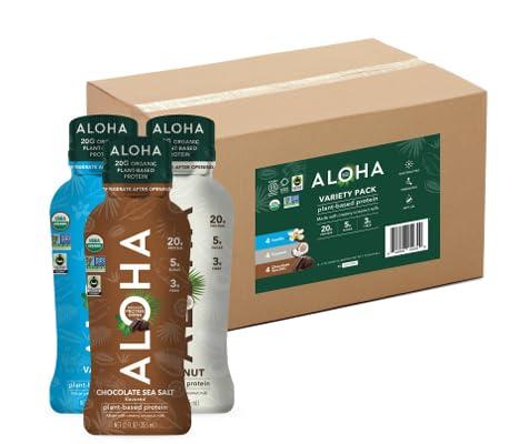 ALOHA Organic Plant Based Ready to Drink Protein Shake VARIETY PACK (12ct, 12oz Bottle) 20g Protein, Low Sugar & Carb, Gluten-Free, MCT Oil, Paleo, Non-GMO, No Soy, Stevia or Sugar Alcohol Sweeteners (EXP 03/01/27)