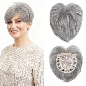 Short Hair Topper for Thinning Hair 5.5 Inch Short Pixie Cut Toppers Pieces Natural Curly Texture Synthetic Mix Grey Wiglets Hairpieces (5.5 inch)