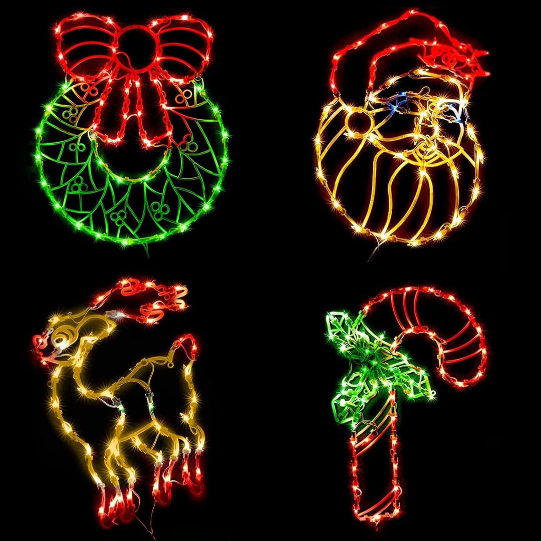Lighted Christmas Decorations for Windows, Pack of 4 Plug-in Christmas Wreath Reindeer Santa Claus and Candy Cane Window Silhouette for Holiday New Year Winter Indoor Hanging Lights Decor