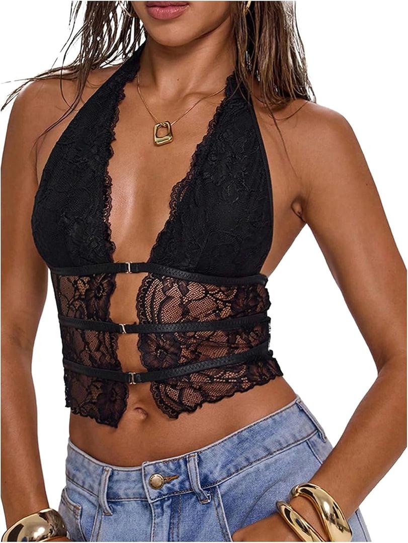 Verdusa Women's Going Out Tops Y2k Goth Lace Croset Sheer Halter Top Party Rave Outfits Sexy Camisole (Large, Black)