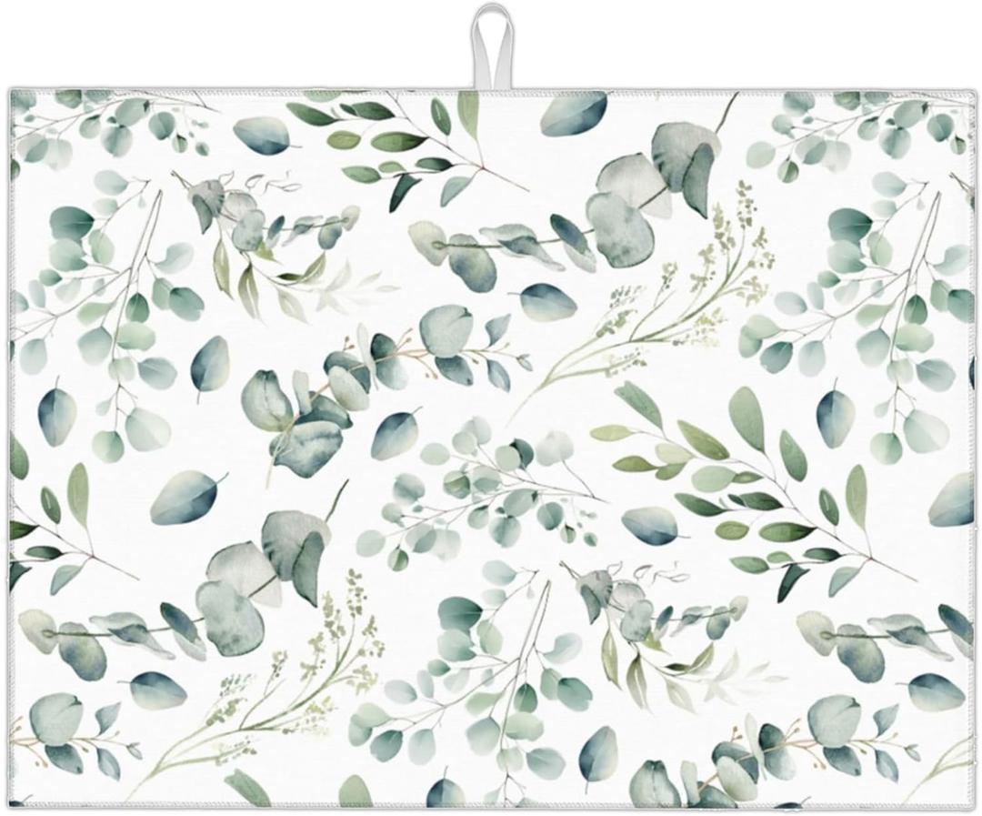 Dish Drying Mat for Kitchen Counter Microfiber Absorbent Dish Draining Reusable Washable Extra Large 18"x24" (Sage Leaves, 18x24in)
