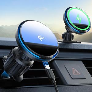 Lamicall 15W for QI2 Magsafe Car Mount Charger - RGB LED360 Wireless Car Phone Holder Vent Dashboard, Hands Free Magnetic Phone Holder for Car Charging for iPhone 17 Air Pro Max Plus 16 15 14 13 12