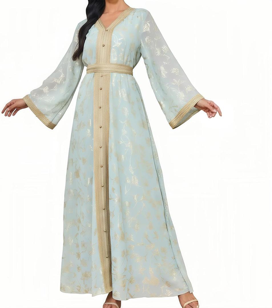 Abaya Muslim Dress for Women V Neck Belted Embroidered Floral Maxi Kaftan Islamic Dubai Arabian Evening Dress, Light Green, Large