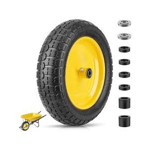 4.00-6 Tire, 14.5" Flat Free Wheelbarrow Tire and Wheel, Solid Replacement Tires, 5/8" 3/4" Bearings, Universal Fit 4.80/4.00-8, 3.50/3.00-8, 4.00-6 (14.5" Black, Yellow 4PK)