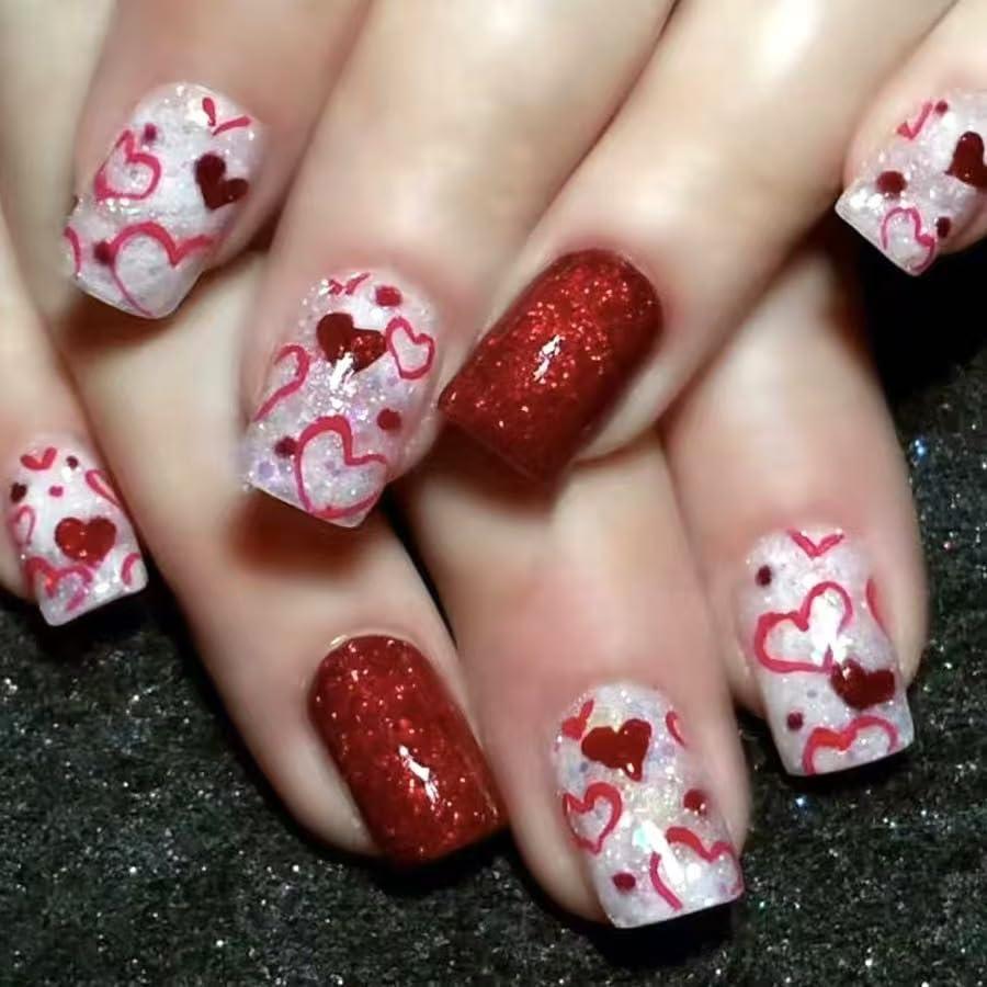 Generic Short Square ABS Plastic False Nails Valentine Heart Designs Red Glitter 24 Pcs (1 Set) Full Cover Stick on Nails Valentine Glue on Nails for Women and Girls Holiday Manicure