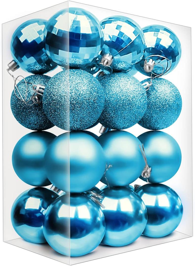 Emopeak 24Pcs Christmas Balls Ornaments for Xmas Christmas Tree - 4 Style Shatterproof Christmas Tree Decorations Hanging Ball for Holiday Wedding Party Decoration (Teal Blue, 2.4"/6.2CM)