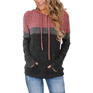 MixShe Womens Color Block Knit Hoodie  Casual Long Sleeve Pullover Sweater Tops with Pocket (Small, Lightred Gray)