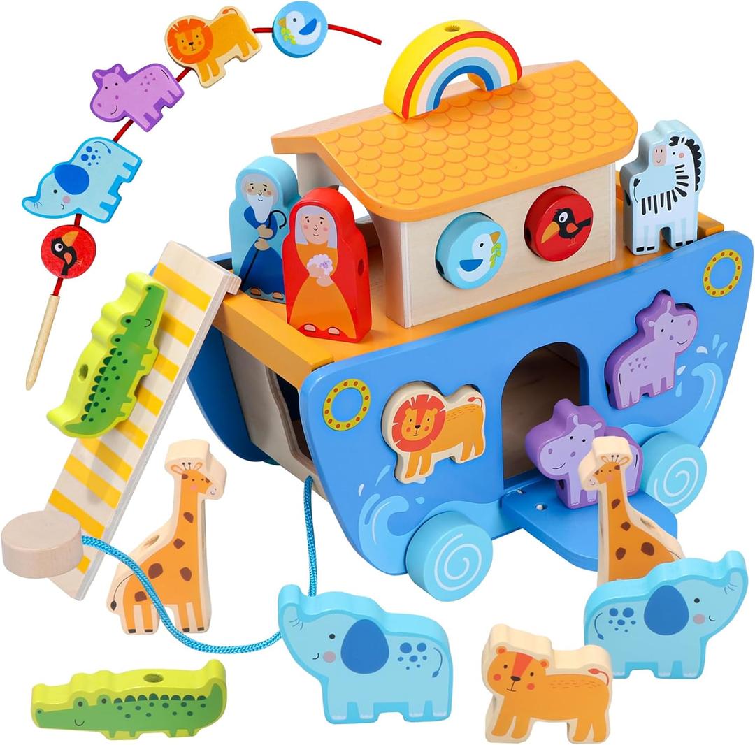 Wooden Noah's Ark Toy with Animal Shape Sorter,Baptism Gifts for 1 2 3 4 Years Old,Montessori Toys for Toddlers,Baptism Gifts for Boys and Girls,24 Months Babies