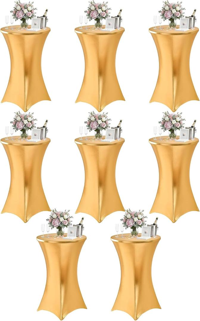 Cocktail High Top Table Covers - 32x43 Inch Fitted Spandex Round Cocktail Tablecloth for Bar Height Standing Table Cloths Reusable, for Party Wedding Banquet Event Decorations, Shiny Gold, 8 Pack