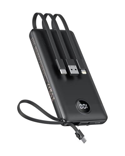 VEEKTOMX Portable Charger Built-in Cables,10000mAh Power Bank for iPhone,Fast Charge USB C Battery Pack Travel Essentials Powerbank Compatible with iPhone 17/16/15/14, Samsung S25/24, Android, etc