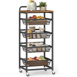 VASAGLE Storage Cart with Pull-Out Baskets, 5-Tier Kitchen Cart with Wheels, Handle, 12.5 x 15.8 x 37.4 Inches, Rustic Brown and Ink Black ULRC041K01