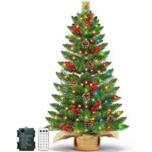 3 Ft Artificial Small Mini Christmas Tree with Dual Color Warm White & Colorful Lights, Tabletop Christmas Tree Battery Operated Pinecones Red Berries, Remote Control, 12 Modes Timer, Burlap Base