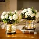 2 Set Vintage Glass Vase Rustic Farmhouse Lantern Decor with Artificial Plants Lights Decorative Clear Vase for Home Decor Floral Arrangement Dining Table Centerpieces (White Rose)