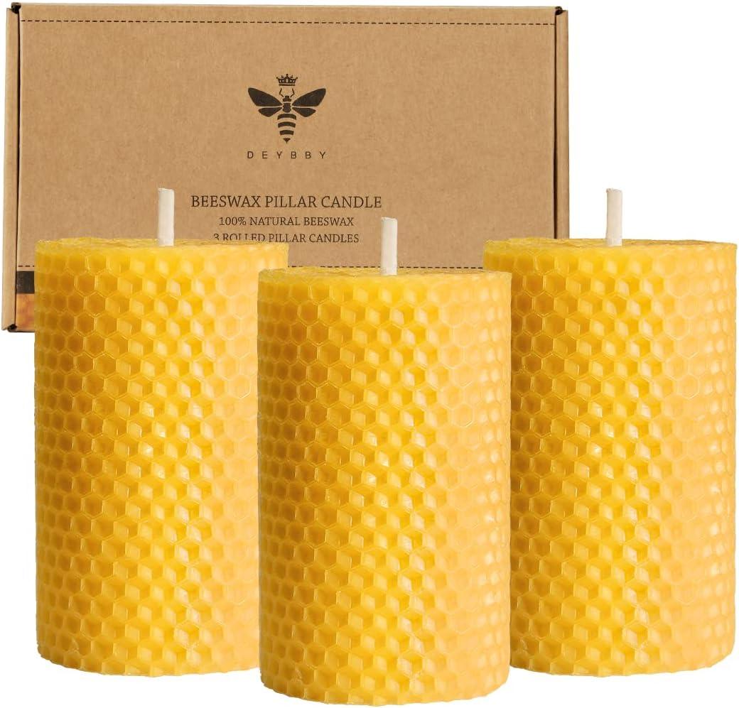 Beeswax Pillar Candles Set of 3 - Handmade Pure Beeswax Rolled Candles for Gift & Home Decor (23.3 in) (Yellow)