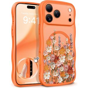 GVIEWIN for iPhone 17 Pro Max Case Compatible with MagSafe [Curly Wave Edge][Full Camera Protection] Floral Translucent Shockproof Magnetic Women Phone Case for 17 Pro Max, Primrose/Orange