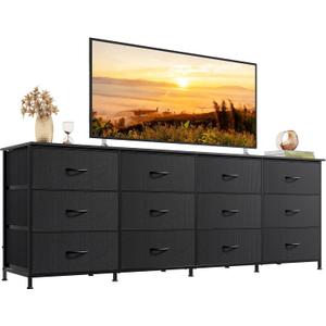 WLIVE 75.5'' Black Dresser for Bedroom, TV Stand for 85, 80, 75, 65 Inch TV, 12 Drawer Long Fabric Dresser with Wood Top, Wide Entertainment Center Storage Chest for Living Room, Closet