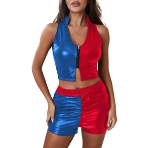 Yisfri Womens Color Block Faux PU Leather 2 Piece Outfits Zipper Vest Crop Top Ruched Shorts Club Night Party Set (L)