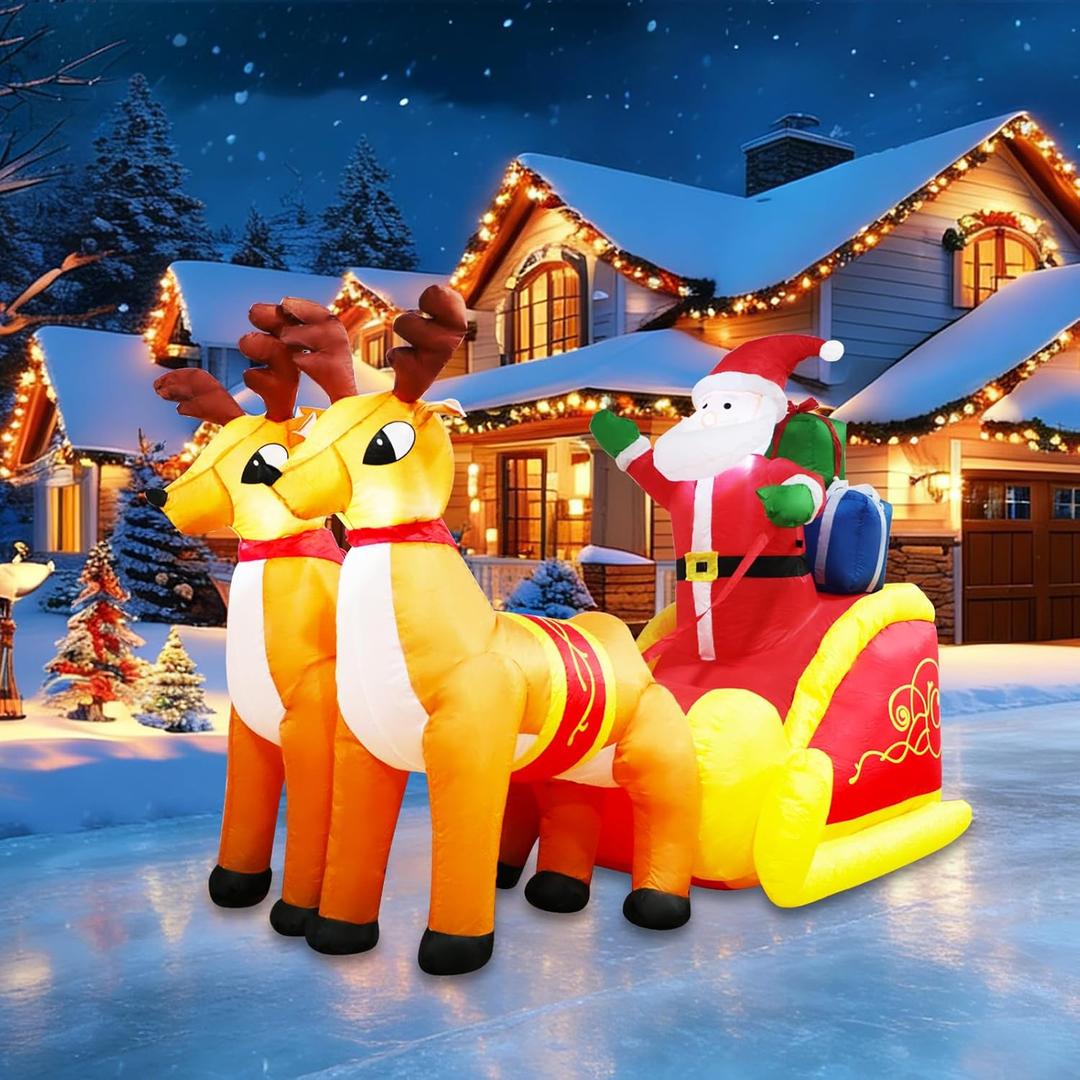 Inflatable Santa Claus on Sleigh with Reindeer, Outdoor Blow Up Yard Decoration with LED Lights for Christmas, Winter Holiday and New Year Decor, Kids Gifts