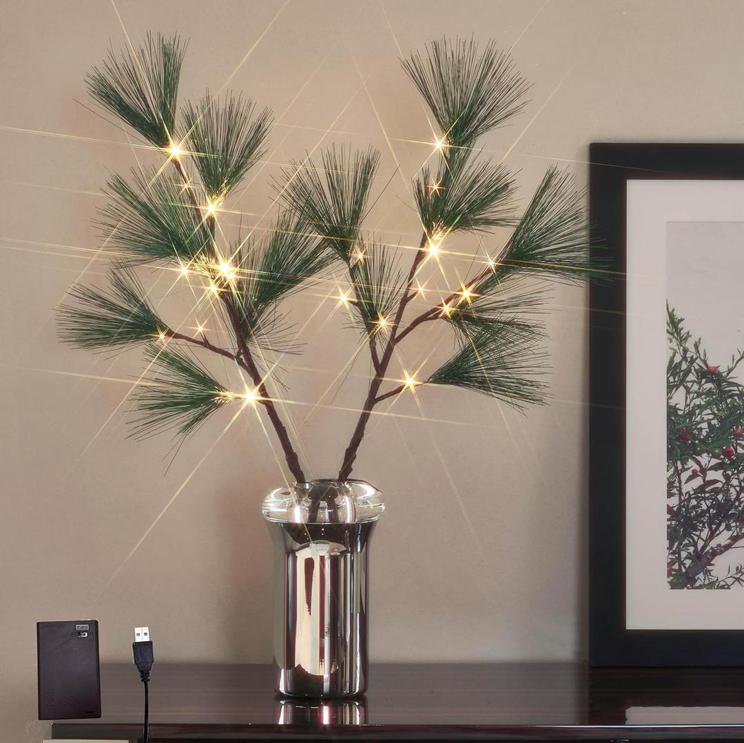 Hairui Lighted Christmas Pine Branches 32IN with Timer, Tree Branch Lights Battery Operated and USB Plug in for Room Fireplace Thanksgiving Christmas Decor (Vase Excluded)
