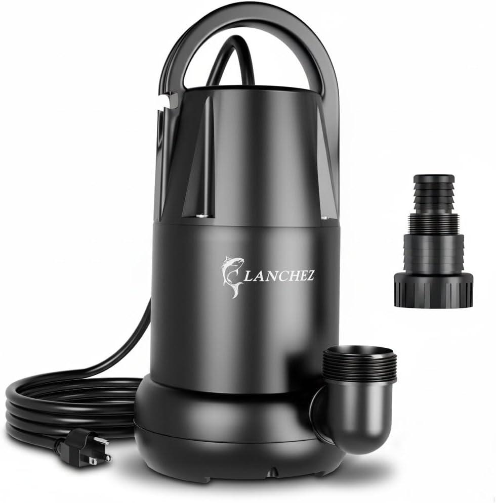 LANCHEZ Sump Pump 1 HP 4700 GPH Submersible Water Pump Thermoplastic Portable Utility Pump High Flow Water Removal for Swimming Pool Garden Pond Basement Window Wells with 25FT Long Power Cord