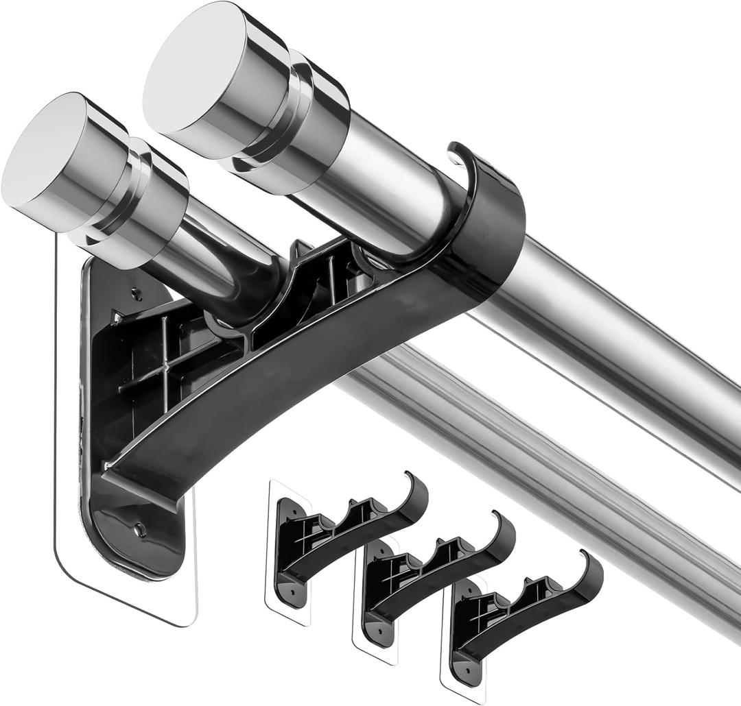 ANDGOO Double Curtain Rod Bracket, No Drilling, Renter Friendly Adhesive Curtain Rod Holders, Double Rod Curtain Hooks, Heavy Duty Curtain Hangers for Apartment Living Room Bedroom (4 PCS, Black)
