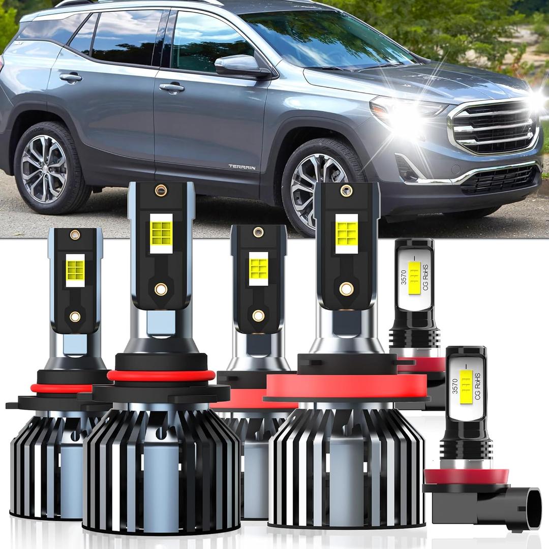 Lights Fit For GMC Terrain 2010 2011 2012 2013 2014 2015 2016 2017 2018, 9005 High Beam H11 Low Beam H11 Fog Light Bulbs, High Power 6500K White Light, Pack of 6
