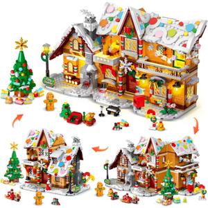 HOGOKIDS 3 Style Christmas 2025 Gingerbread House Building Set with Light - 1477PCS Christmas Holiday Snow Village Building Block Toy with Xmas Tree Train Gifts for Adults Kids Girls Boys Ages 6+