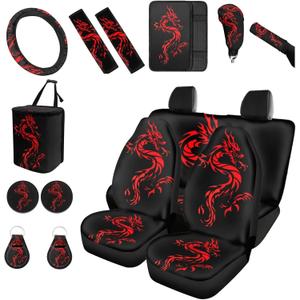 Forchrinse Red Dragon Car Seat Covers Full Set Automotive Accessories Set with 15inch Steering Wheel Cover Shoulder Pad Armrest Pad  Can Cup Coaster Keychain Protector for Men
