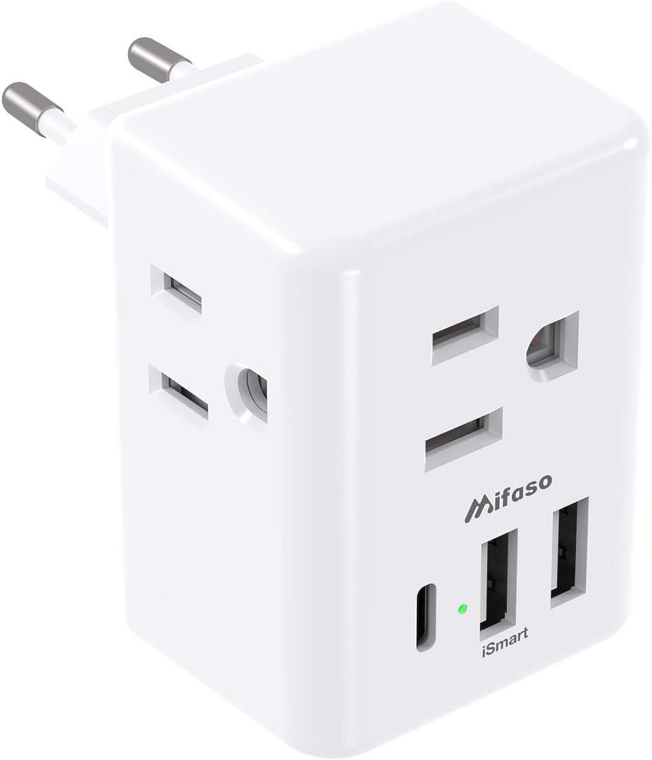 European Travel Plug Adapter with USB Charging Ports, Mifaso International Type C Power Adapter for US to Most of Europe EU Italy France Spain Germany Greece